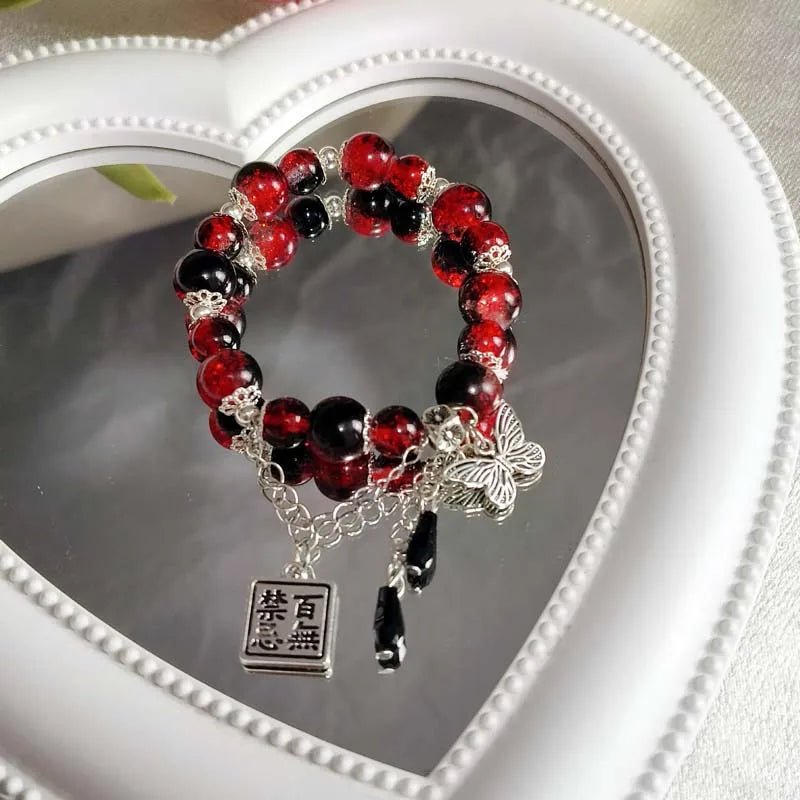 luckacco 2024 new trendy red crystal beaded bracelets for women simple tassel handmade beads fox pendant bracelets jewelry accessories