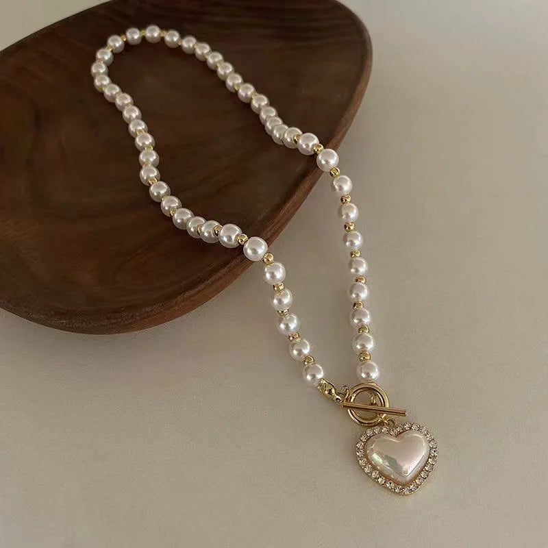 luckacco elegant pearl necklace for women heart pendant necklaces luxury imitation pearls chain necklaces korean jewelry girls gifts