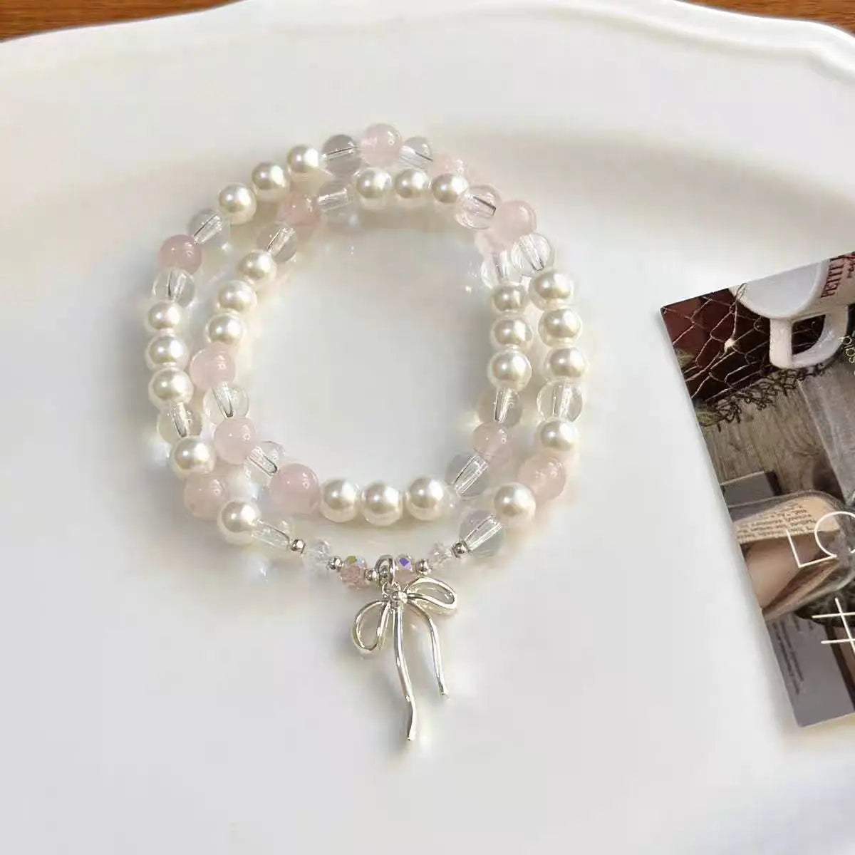 luckacco cute pink beaded imitation pearl bracelet for women girl elegant y2k sweet korean charm bowknot bow jewelry party gifts