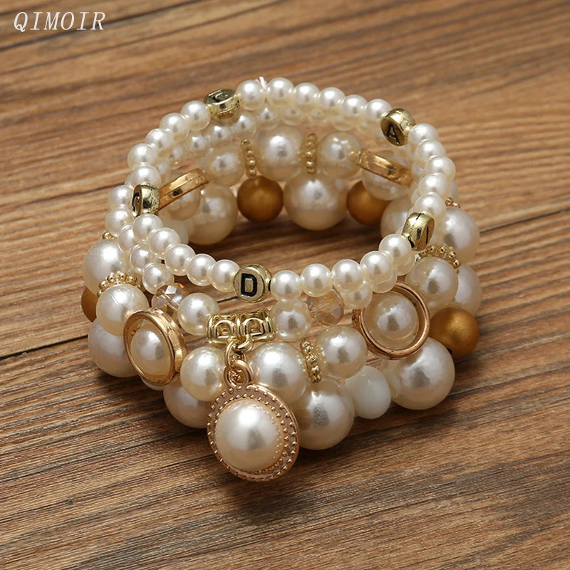 luckacco imitation pearl stretch bead bracelets set for women metal adjustable elastic charms vintage strand girls' fashion jewelry c1306