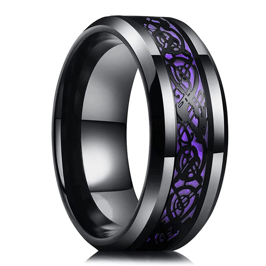 Luckacco Fashion 8mm Black Tungsten Wedding Celtic Dragon Rings Inlaid Blue Zircon Stainless Steel Rings for Men Blue Carbon Fibre Ring