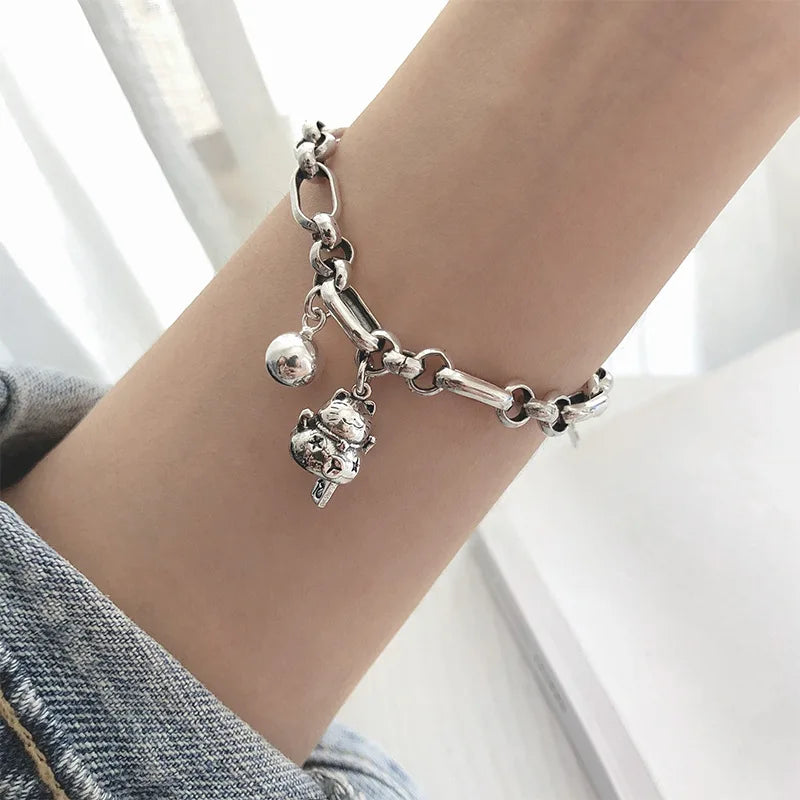 luckacco new 925 silver geometric bead punk peace of mind words irregular string bracelet for woman girl fashion jewelry gift dropship