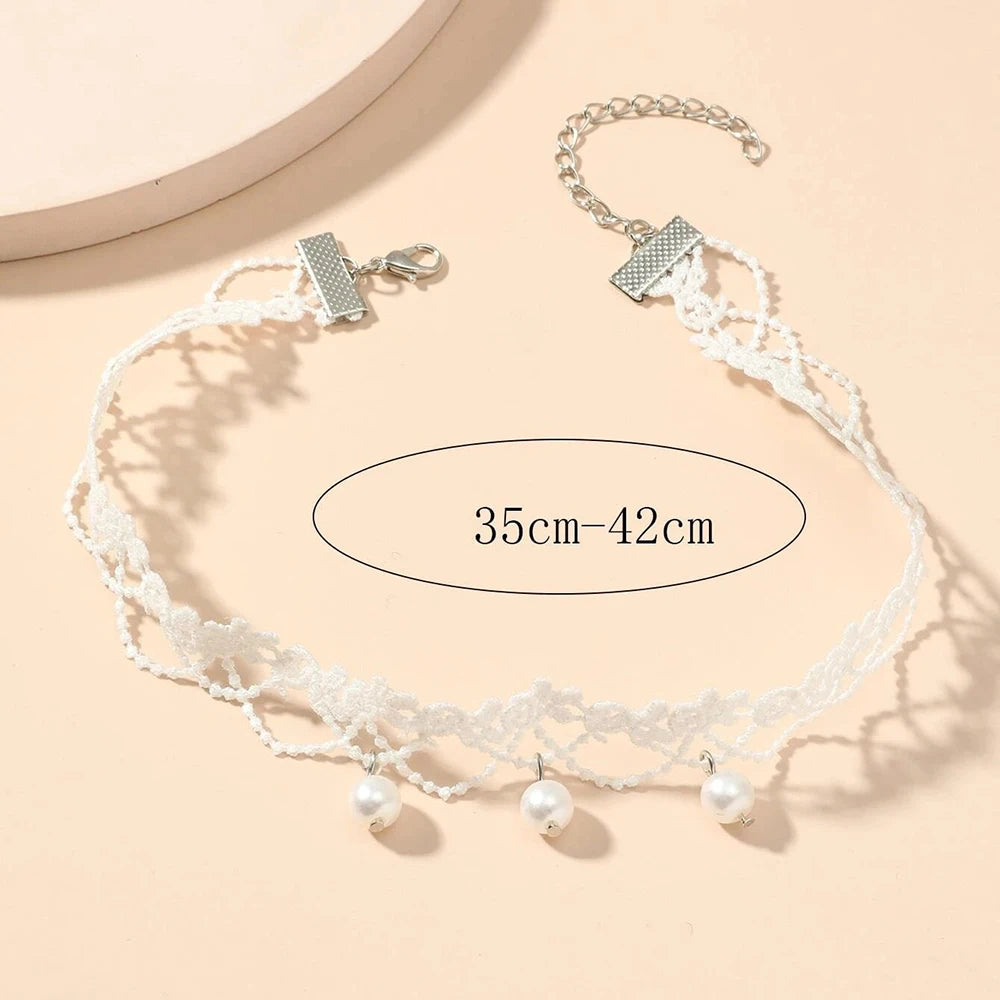 luckacco bohemia elegant vintage imitation pearl white lace statement choker necklaces bridal 2022 fashion jewelry for women wedding gift