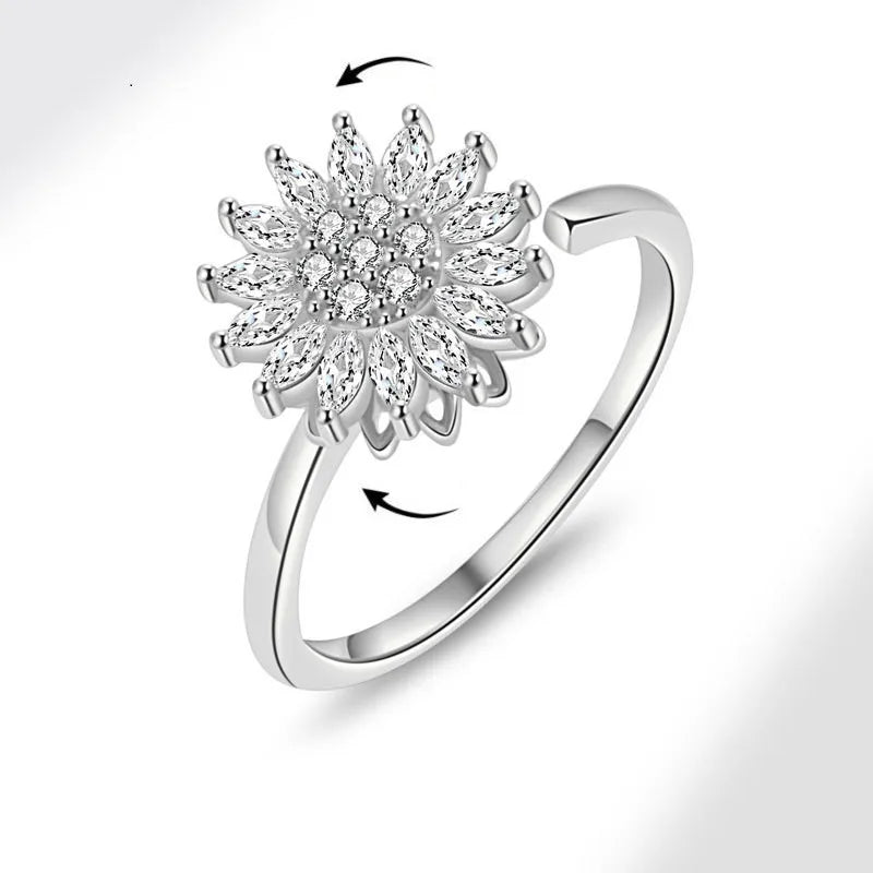 luckacco fashion fidget spinner ring anxiety for women multiple crystal sunflower finger rings rotate anti stress jewelry wedding gift