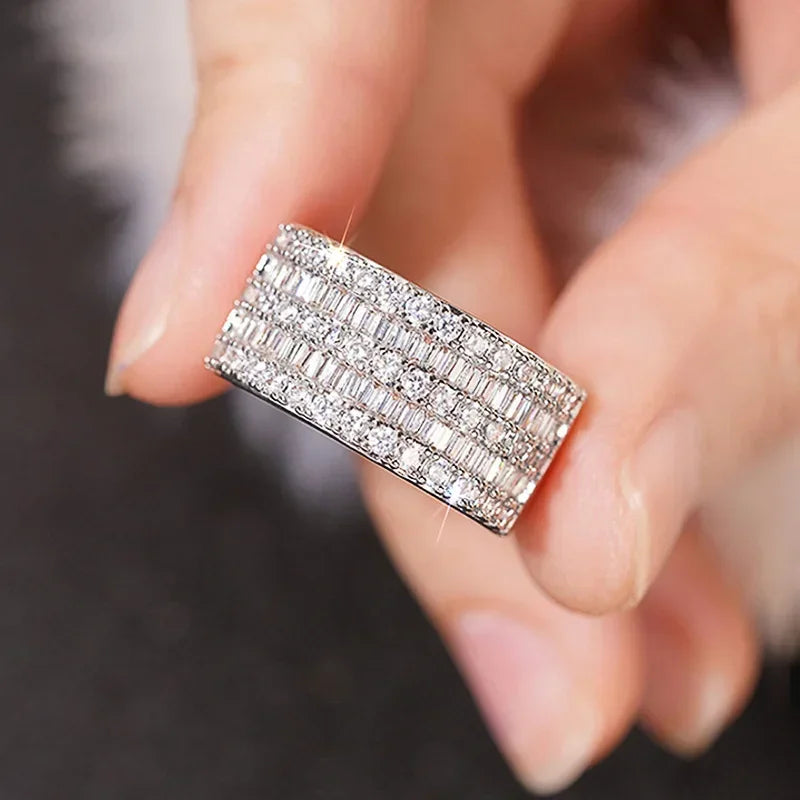 luckacco 2025 full bling iced out rings for women luxury silver color crystal finger  wedding engagement bands hot trendy jewelry