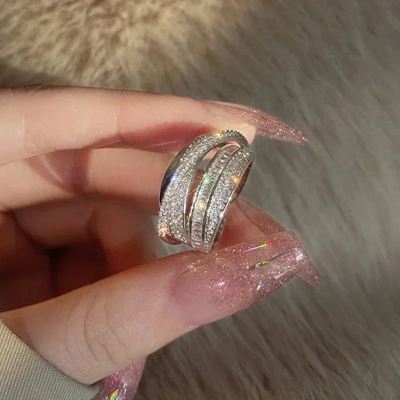 luckacco 2024 silver color rhinestone ring multi-layer winding rings for women wedding full zircon finger rings fashion jewelry gifts