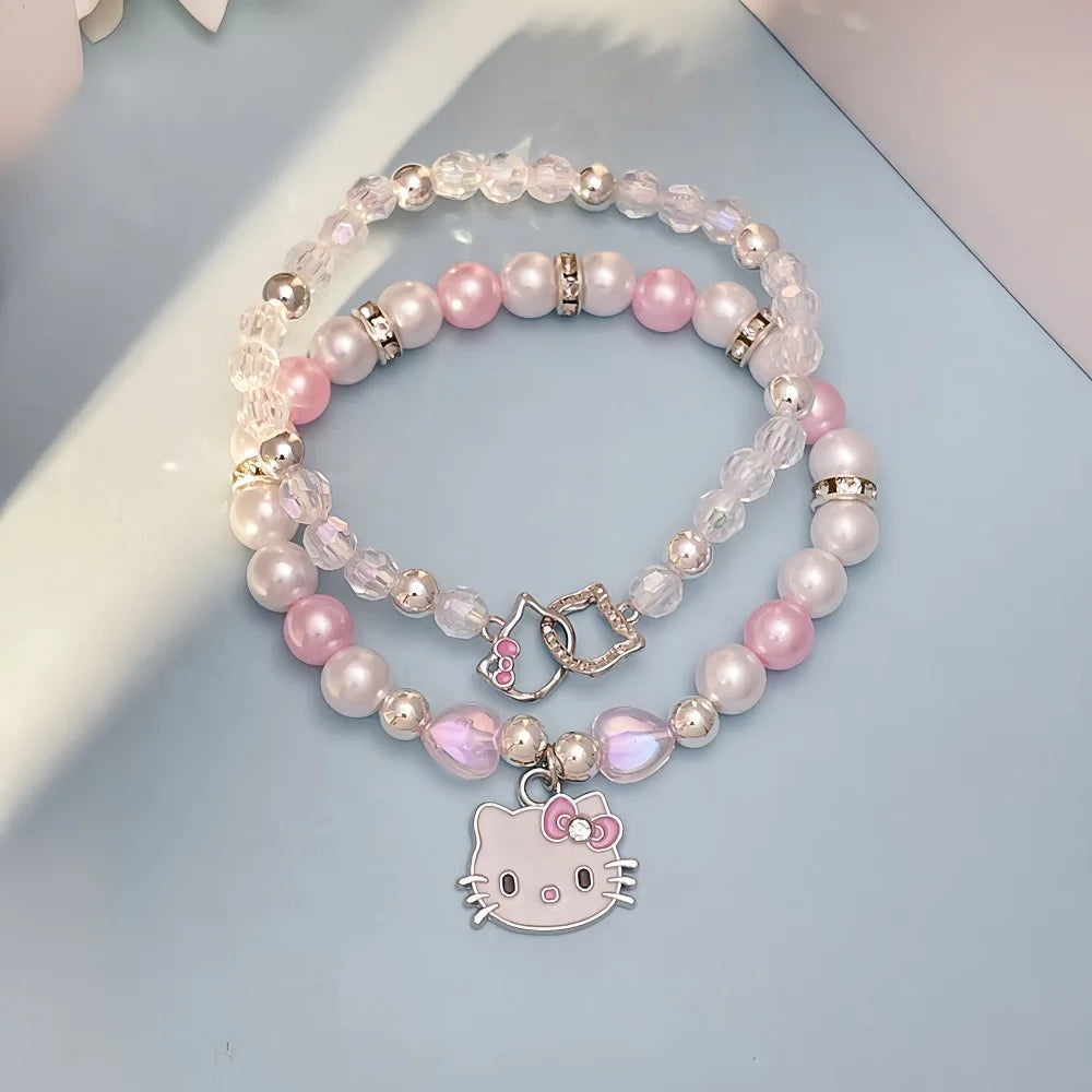 luckacco 2pcs kawaii hello kitty bracelet set sanrio crystal beads jewelry gift for girls cute anime pendant accessory