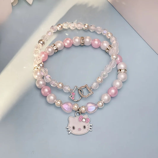 Luckacco 2PCS Kawaii Hello Kitty Bracelet Set Sanrio Crystal Beads Jewelry Gift for Girls Cute Anime Pendant Accessory