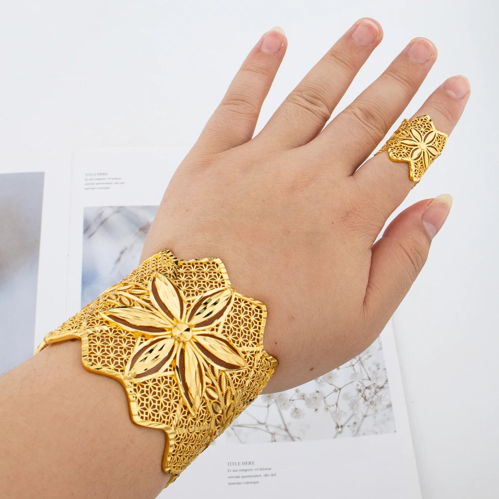 luckacco gold plated cuff bracelet with ring female dubai gold color bangles for women luxury dubai anniversary gift jewelry accessories