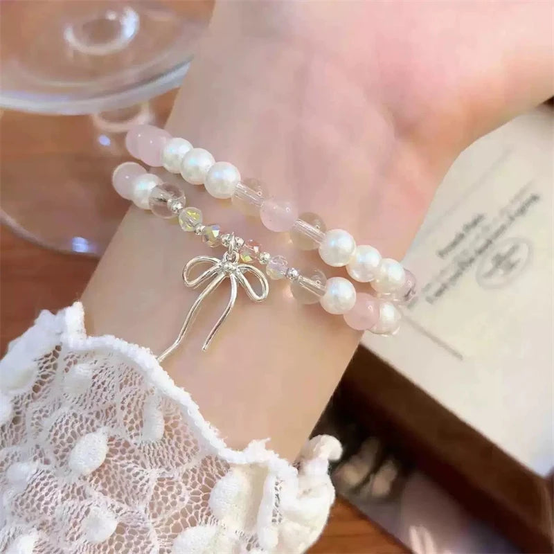 luckacco cute pink beaded imitation pearl bracelet for women girl elegant y2k sweet korean charm bowknot bow jewelry party gifts