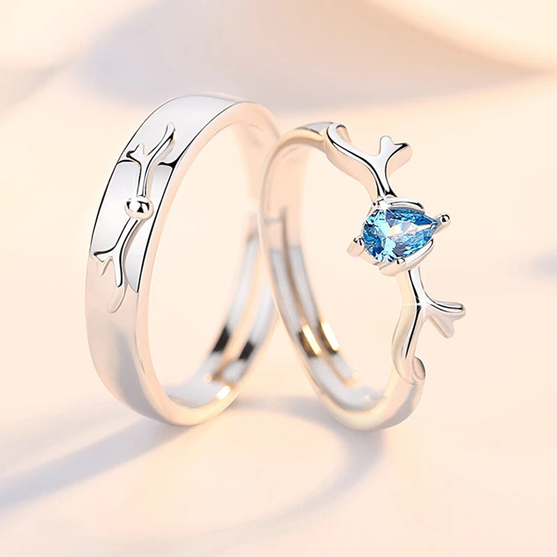 luckacco high-quality couple wedding ring for woman men 2pcs love heart zircon adjustable rings fashion stainless steel engaged jewelry