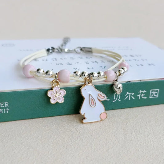 Luckacco Korean Rabbit Flower Rope Bracelet for Women Girls Fashion Woven String Bell Heart Airplane Beads Friendship Party Jewelry Gifts