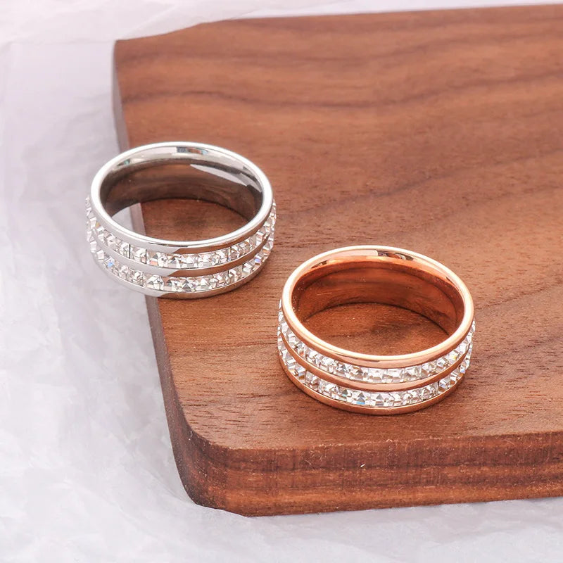 luckacco clear white stones wedding women ring stainless steel 1 and 2 rows bling zircon fashion pair ring female jewelry