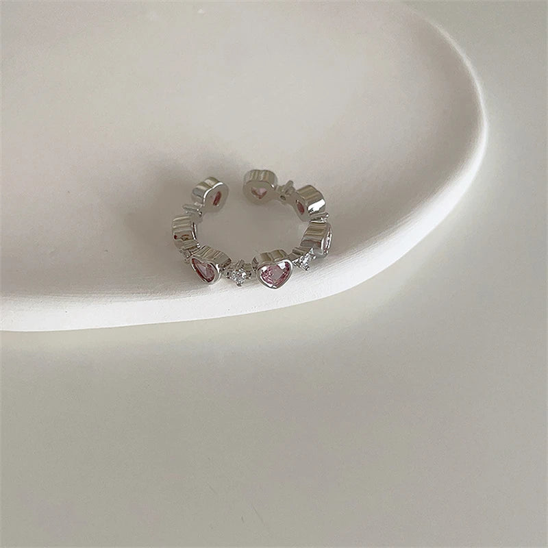 luckacco pink crystal irregular heart rings creative zircon bowknot opal love heart open ring y2k shiny rings for women party jewelry