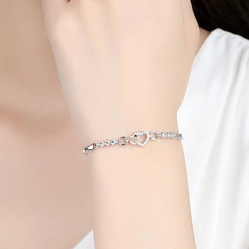 luckacco new 925 sterling silver bracelet purple crystal zircon heart for woman charm bracelet jewelry gift