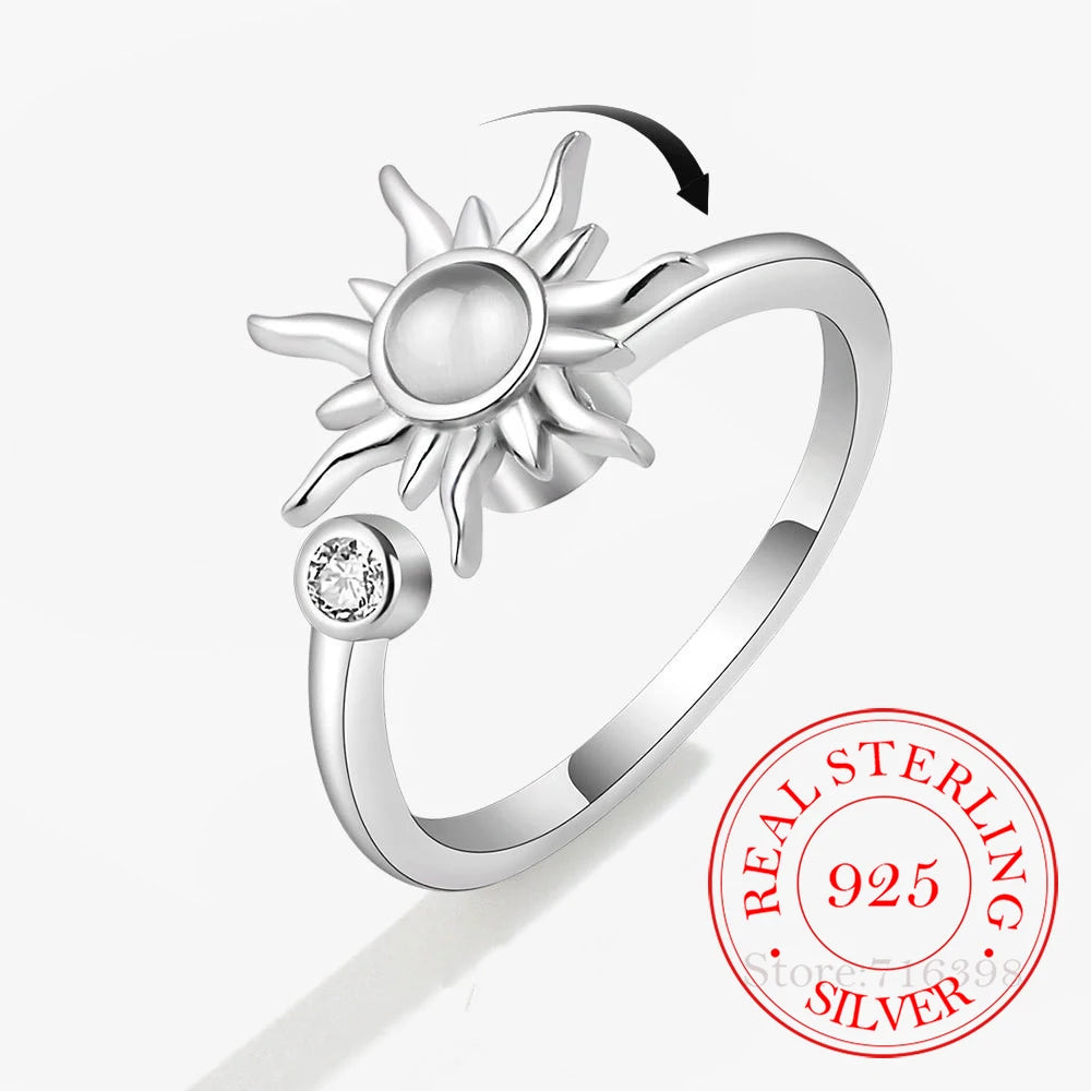 luckacco 925 sterling silver zircon sunflower spinner rings for women adjustable anti stress rings fashion party gift 2022 new hot sale