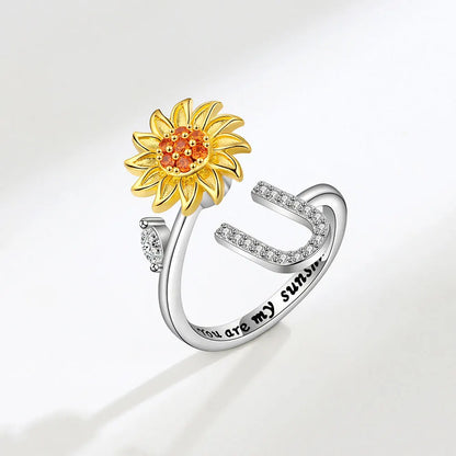 Luckacco Rotating Sunflower Initial Letter Rings For Women Anti Anxiety Spinner You Are My Sunshine Stainless Steel Ring Birthday Jewelry