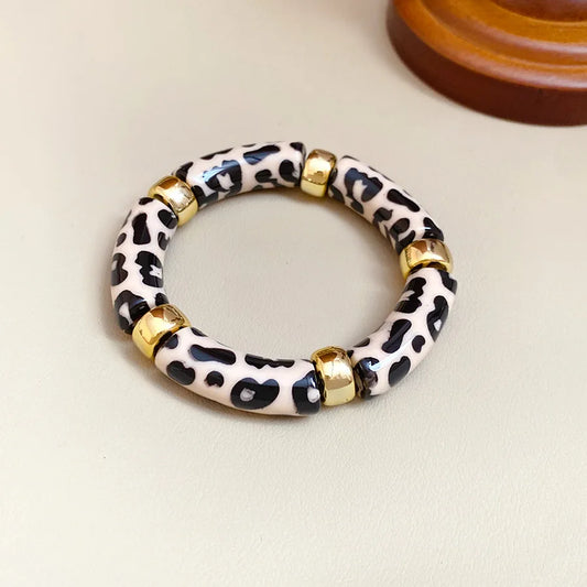 Luckacco Splicing Bamboo Tube Acrylic Smudging Bangles for Women Men Fashion Geometric Elastic Bracelets Bangles Jewelry Couple Gifts F