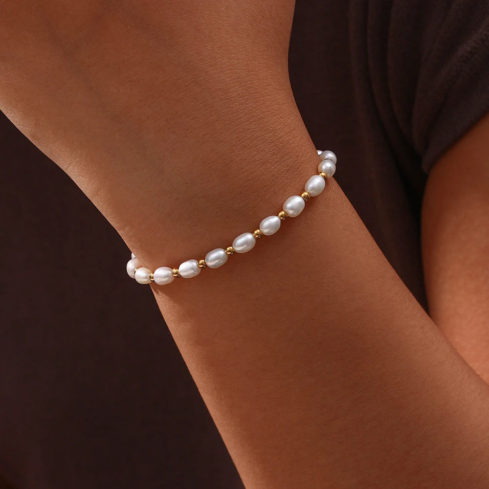 luckacco e.b.belle gold color beads freshwater pearls mixed adjustable stainless steel chain bracelet bangles for women elegant jewelry
