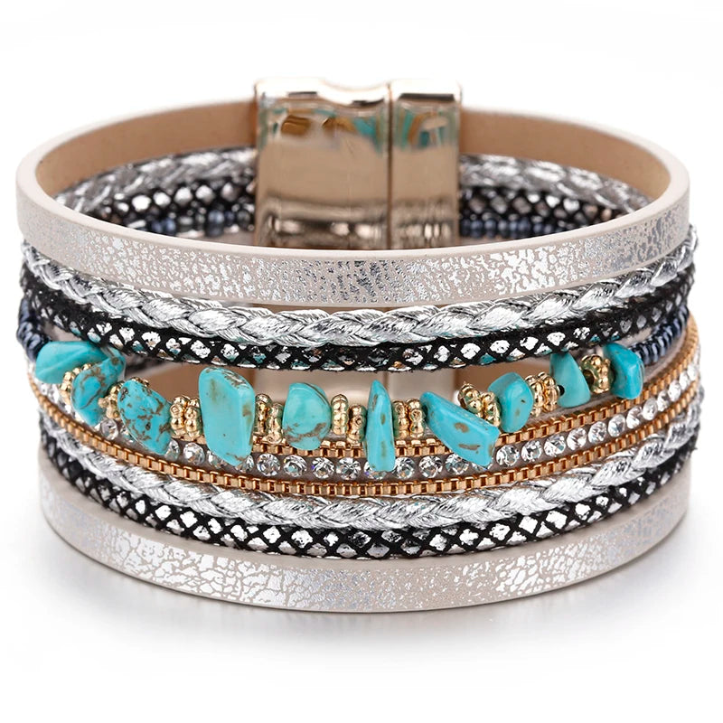 luckacco allyes natural stone leather bracelet for women charm retro multilayer crystal snake skin wide bracelets & bangles jewelry gifts