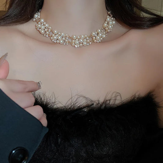 Luckacco 3 Pcs Rhinestone Pearl Rectangular Earrings Necklace Set Two-piece Vintage Choker Accessory Light Luxury Jewelry Sets Wedding