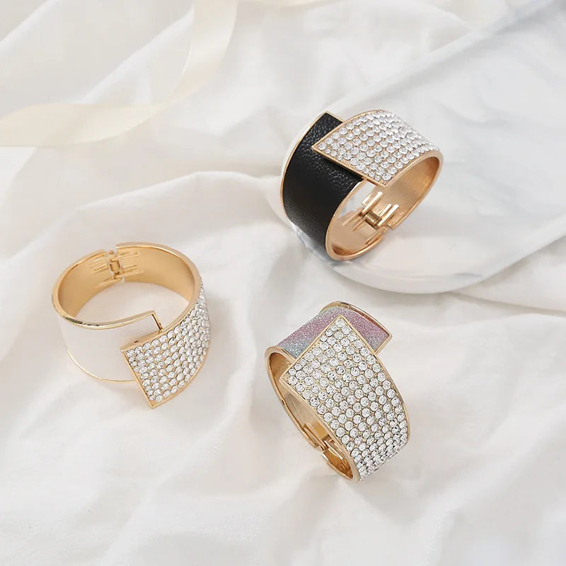 luckacco new diamond inlaid leather alloy elastic bracelet for women, fashionable and high-end, full diamond bracelet