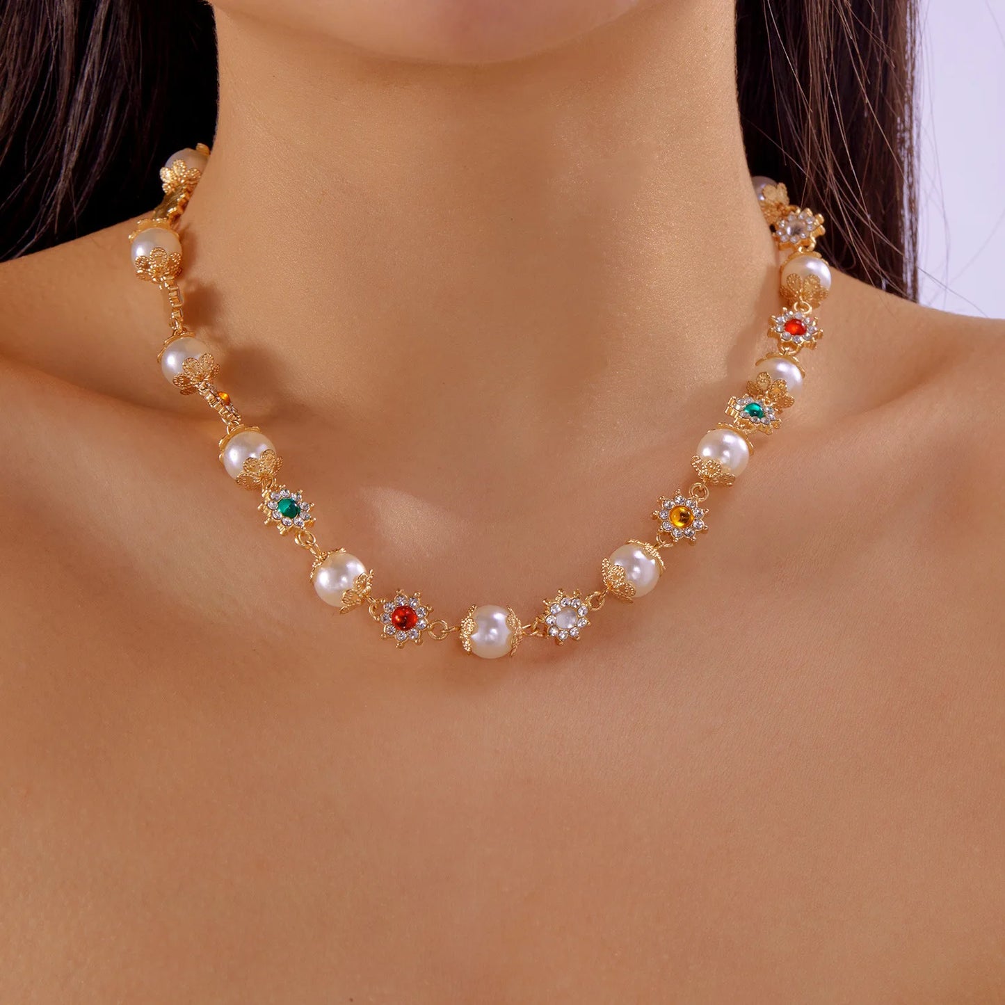 luckacco ifyouoo luxury shinny colorful rhinestone short necklace women imitation pearl choker trousers chain jewelry collar wed bridal