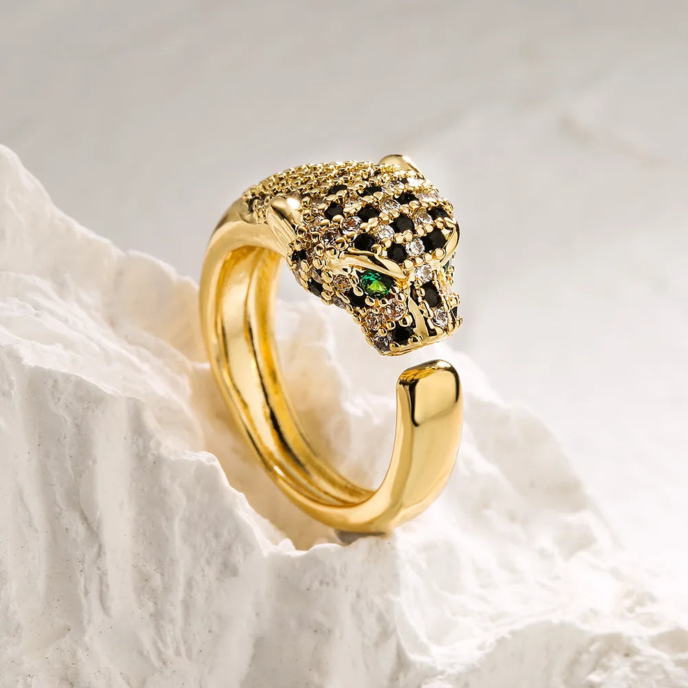 luckacco new arrive high quality bling women rings, gold color leopard finger band with aaa cz stone row, elegant lover jewelry gift