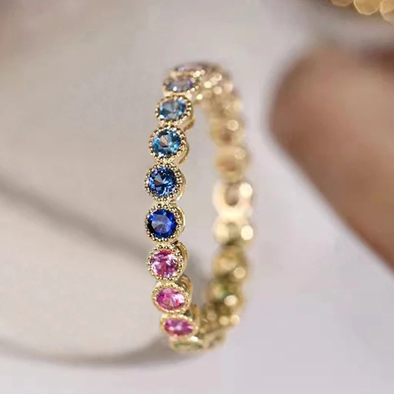 luckacco daily picks colorful rainbow cubic zircon promise rings for women gold color luxury trendy wedding accessories statement girl jewelry
