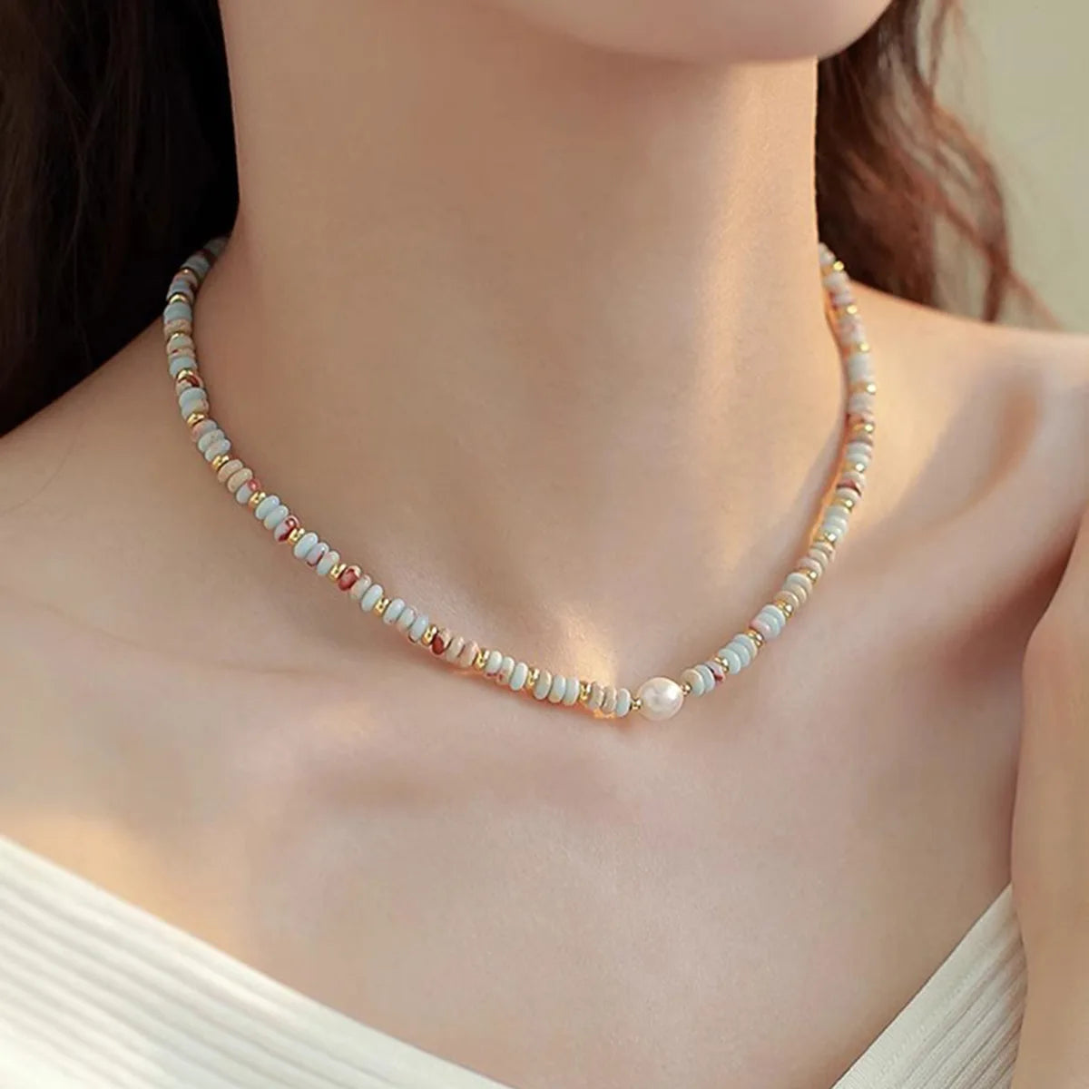 luckacco minar retro colorful natural stone crystal freshwater pearl strand beaded necklace for women 14k real gold plated copper chokers