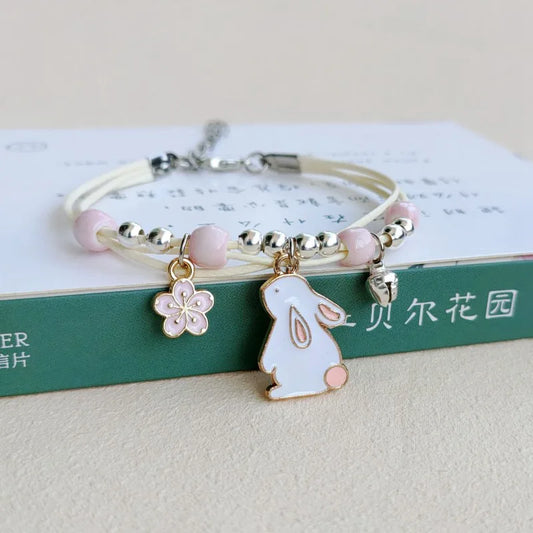 Luckacco Korean Rabbit Flower Rope Bracelet for Women Girls Fashion Woven String Bell Heart Airplane Beads Friendship Party Jewelry Gifts