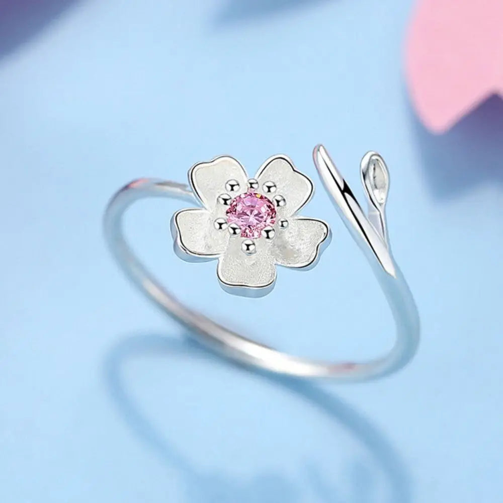luckacco light luxury open finger ring temperament adjustable cherry blossom cuff ring pink rhinestone elegant daily jewelry female