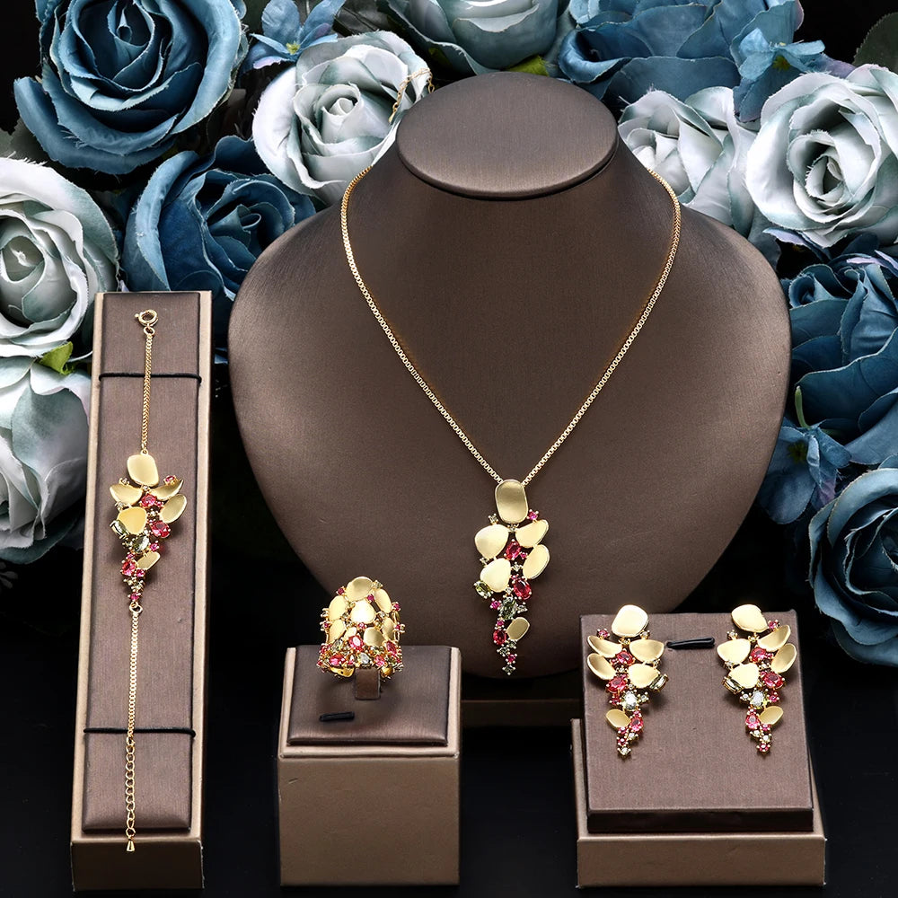 luckacco dubai saudi arabia trendy gold plated pendant 4pcs necklace set fashion women cubic zirconia jewelry sets bridal accessories