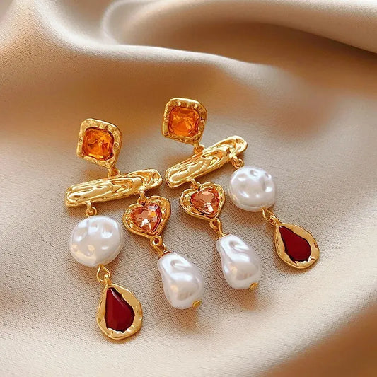 Luckacco Inlaid Rhinestone Asymmetrical Pearl Earrings for Women Palace Style Retro Fringe Drop Earring Exaggerated Jewelry