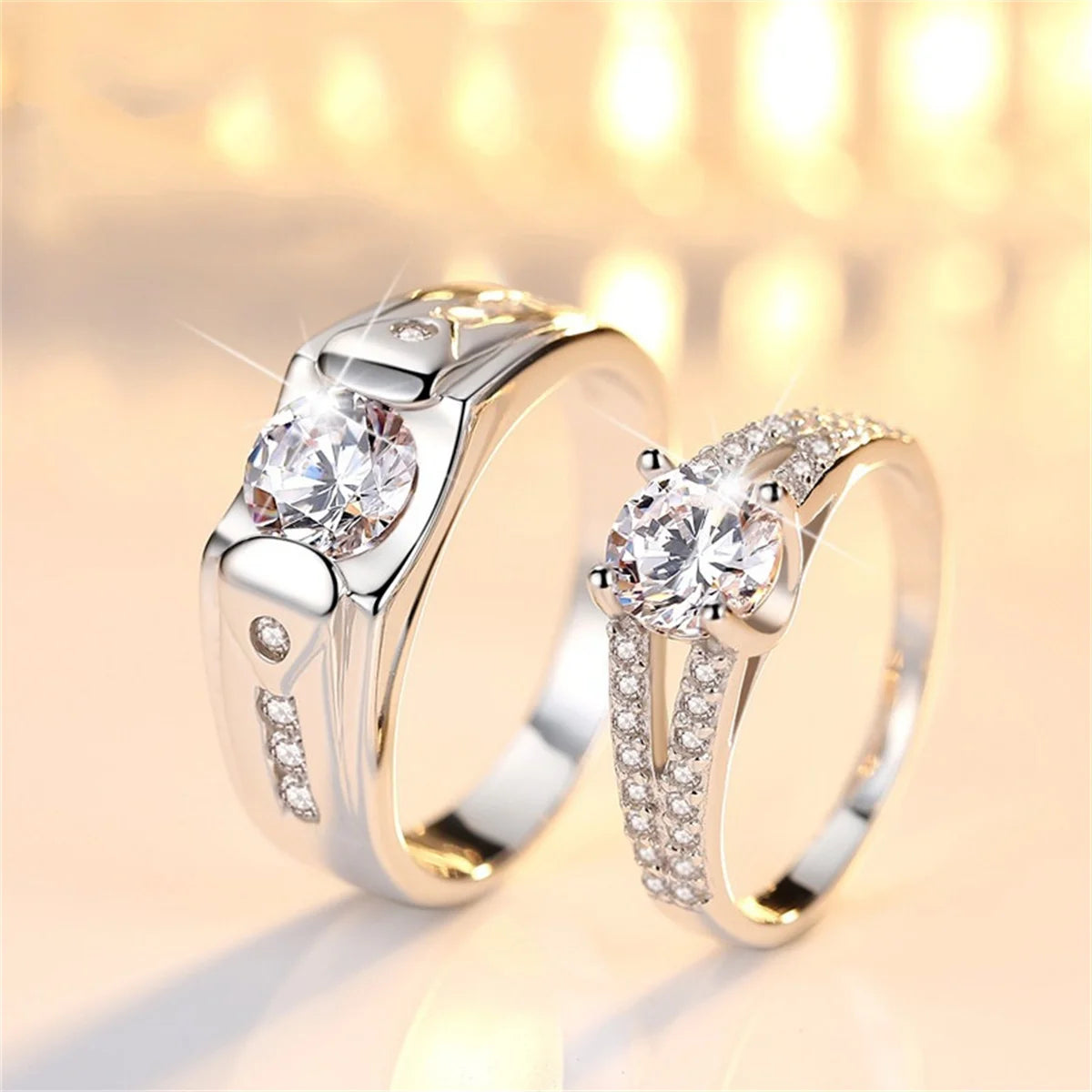 luckacco 2pcs silver color luxury zircon crown cross couple rings for lovers forever endless love wedding bands ring valentines day gifts