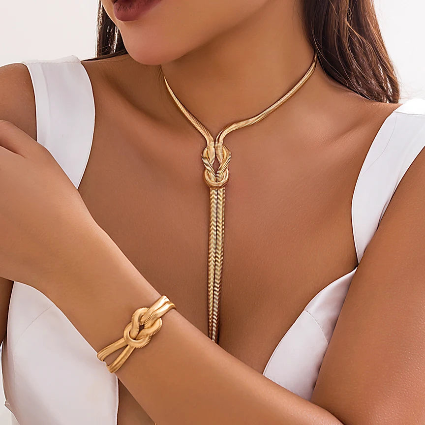 luckacco 2pcs/set sexy smooth long snake twisted chain necklace bracelet for women vintage goth tassel choker y2k jewelry accessories new