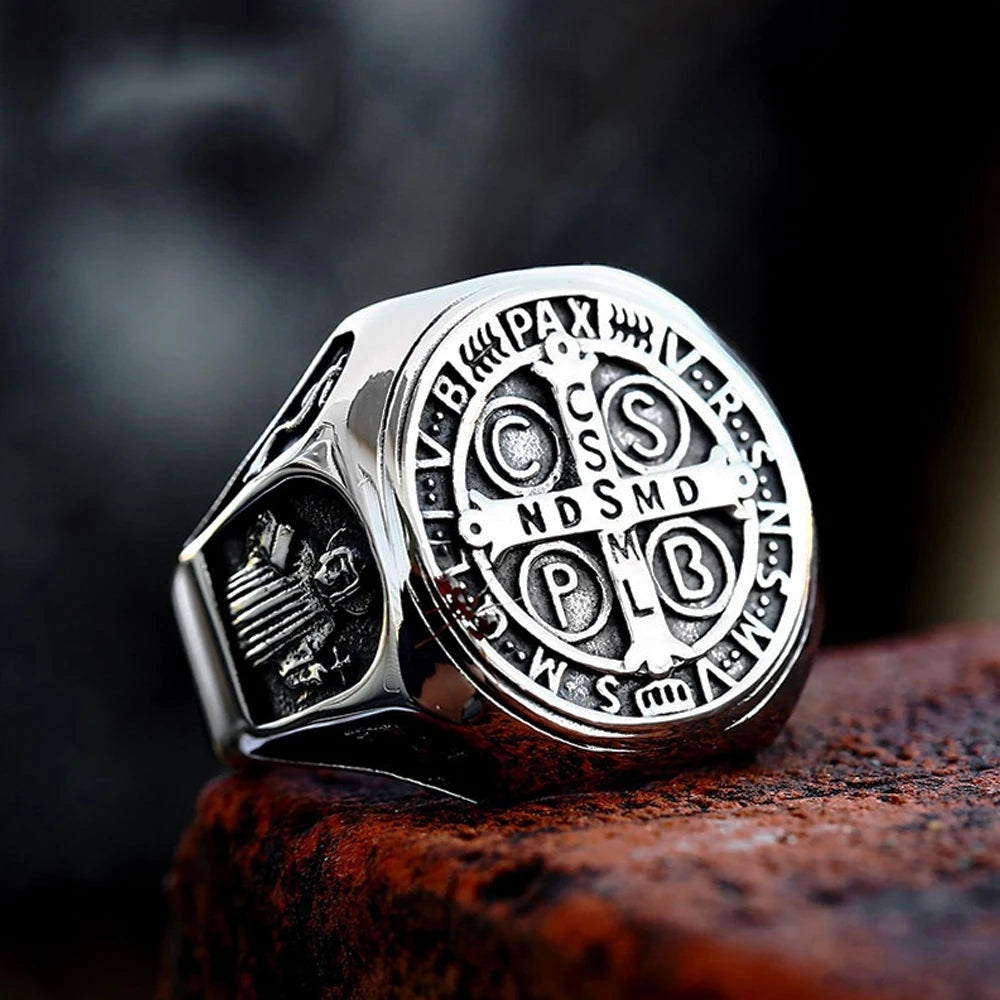 luckacco vintage exorcism saint benedict cspb cross ring men punk amulet christianity rings stainless steel jewelry gift