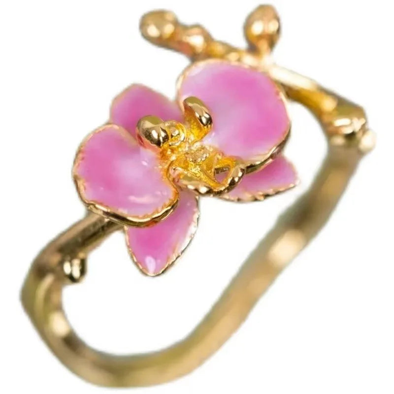luckacco fashion vintage pink enamel flower rings for woman adjustable retro female ring y2k jewelry luxury charm gift engagement jewelry