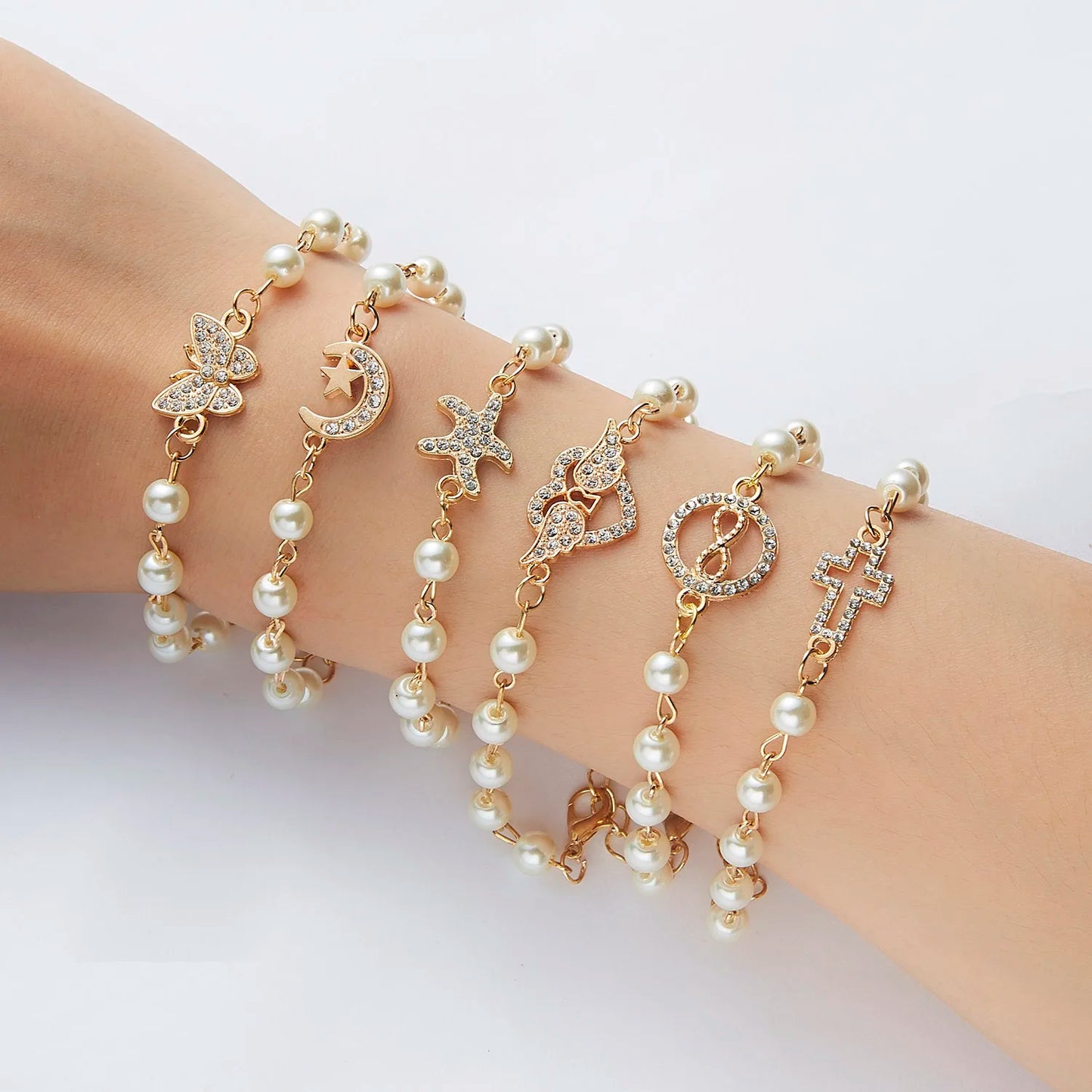 luckacco hot rhinestone pearl bracelet for women girls cross butterfly starfish love wing adjustable fashion bracelet friendship jewelry