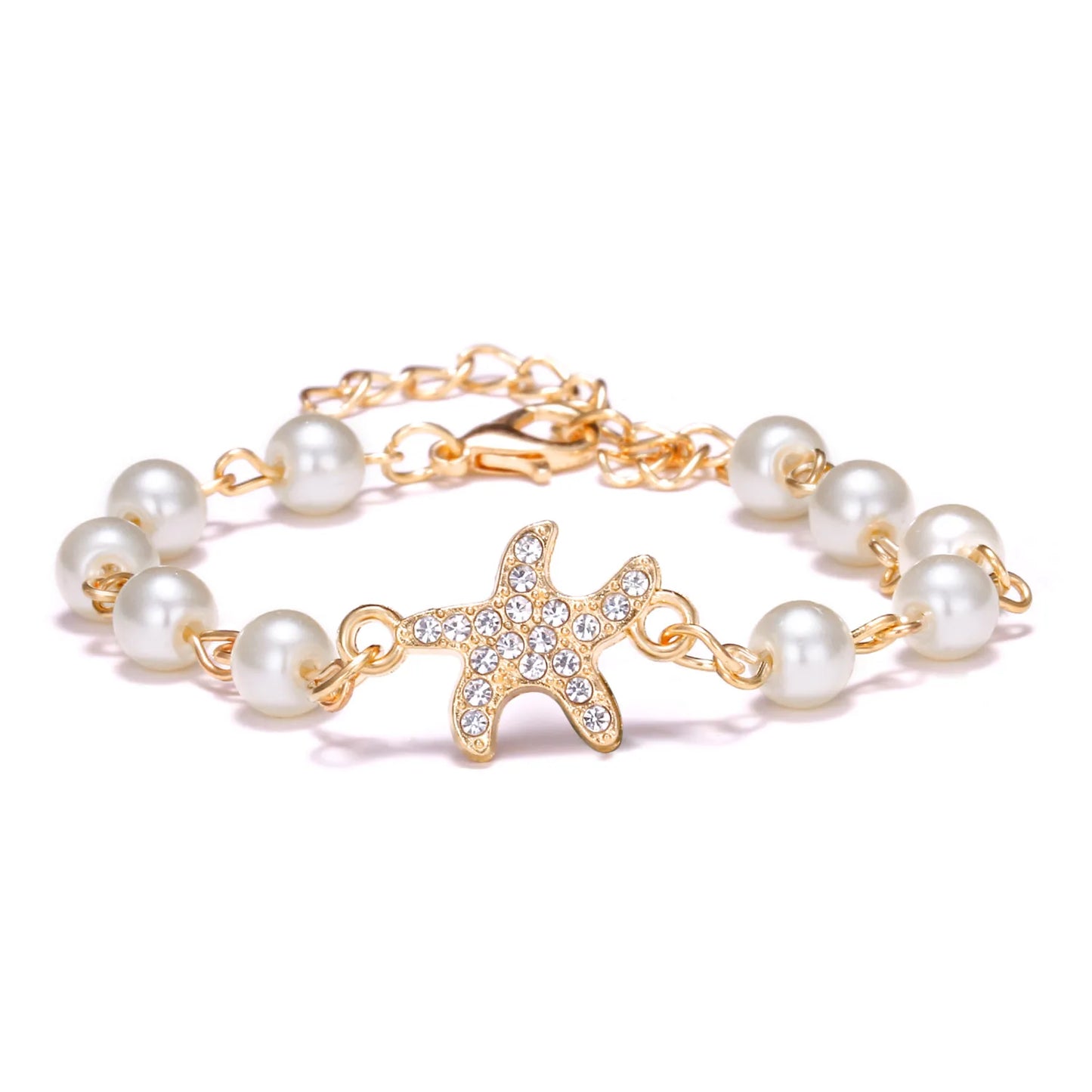 luckacco hot rhinestone pearl bracelet for women girls cross butterfly starfish love wing adjustable fashion bracelet friendship jewelry