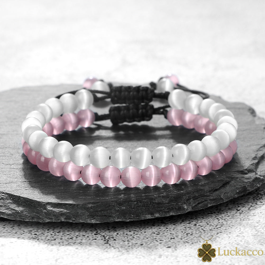 luckacco pink cat eye stone bracelet for women men natural opal quartz chakra devil's eye beads butterfly charm bangle wrist jewelry gift