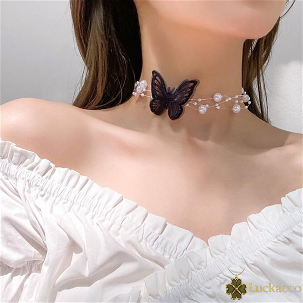 luckacco elegant multilayer pearl choker necklace vintage flower butterfly acrylic chain necklace for women fashion wedding jewelry gift