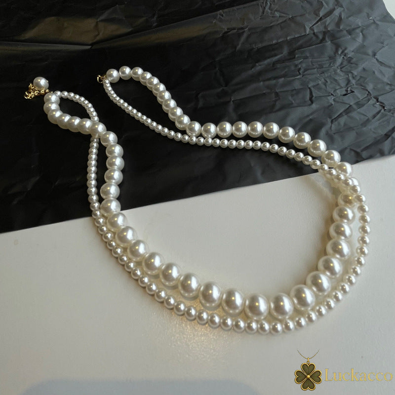luckacco stacked wearing double-layered pearl necklace women's simple design clavicle chains elegant short choker jewelry for party